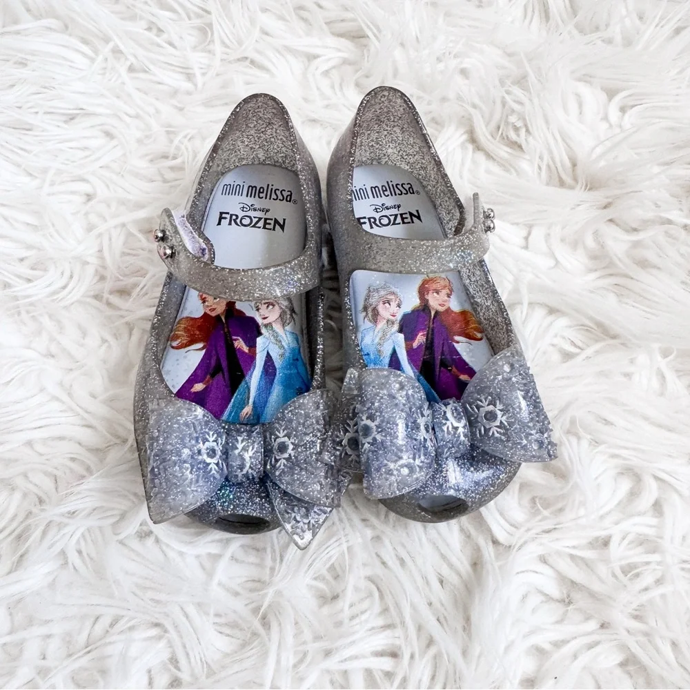 Mini Melissa Disney Frozen Glitter Silver Bow Mary Jane Shoes